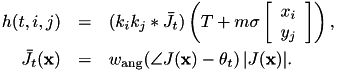 \begin{eqnarray*} h(t,i,j) &=& (k_ik_j * \bar J_t)\left( T + m\sigma \left[\begin{array}{cc} x_i \\ y_j \end{array}\right] \right), \\ \bar J_t(\mathbf{x}) &=& w_\mathrm{ang}(\angle J(\mathbf{x}) - \theta_t)\,|J(\mathbf{x})|. \end{eqnarray*}