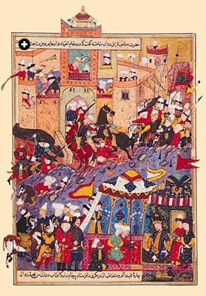This painting from a 16th-century copy of the Persian historian Mirkhvand�s Rawzat al-Safa (Garden of Purity) shows Timur receiving envoys during his 1370 attack on Balkh, now in northern Afghanistan. It was a far larger embassy that came to him 25 years later, bearing the first of two letters from the Ming court of China that Timur found profoundly insulting. 